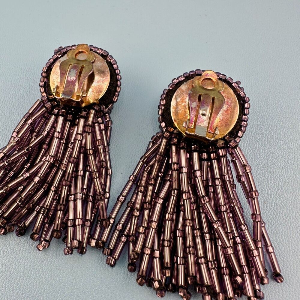 Vintage Purple Seed Bead Tassel Earrings Iridescent Clip On Dangle Hand Sewn - Picture 9 of 11